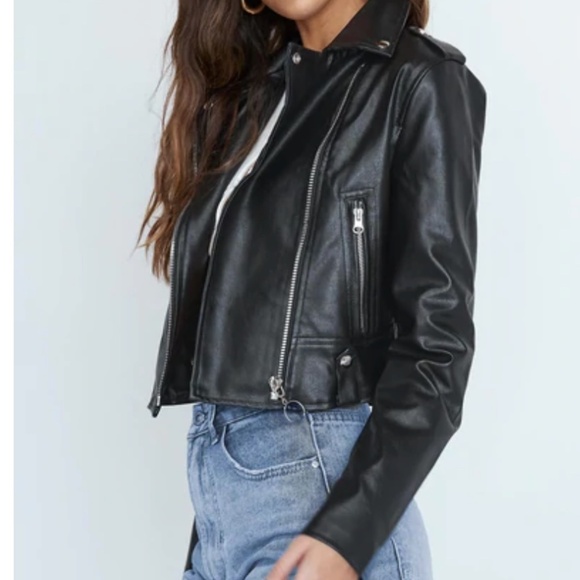NWT Princess Polly Siana Cropped Black Faux Leather Jacket - Size L/XL - Picture 2 of 7